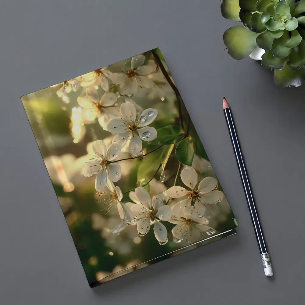 White Cherry Blossoms With Morning Dew Drops – Notebooks