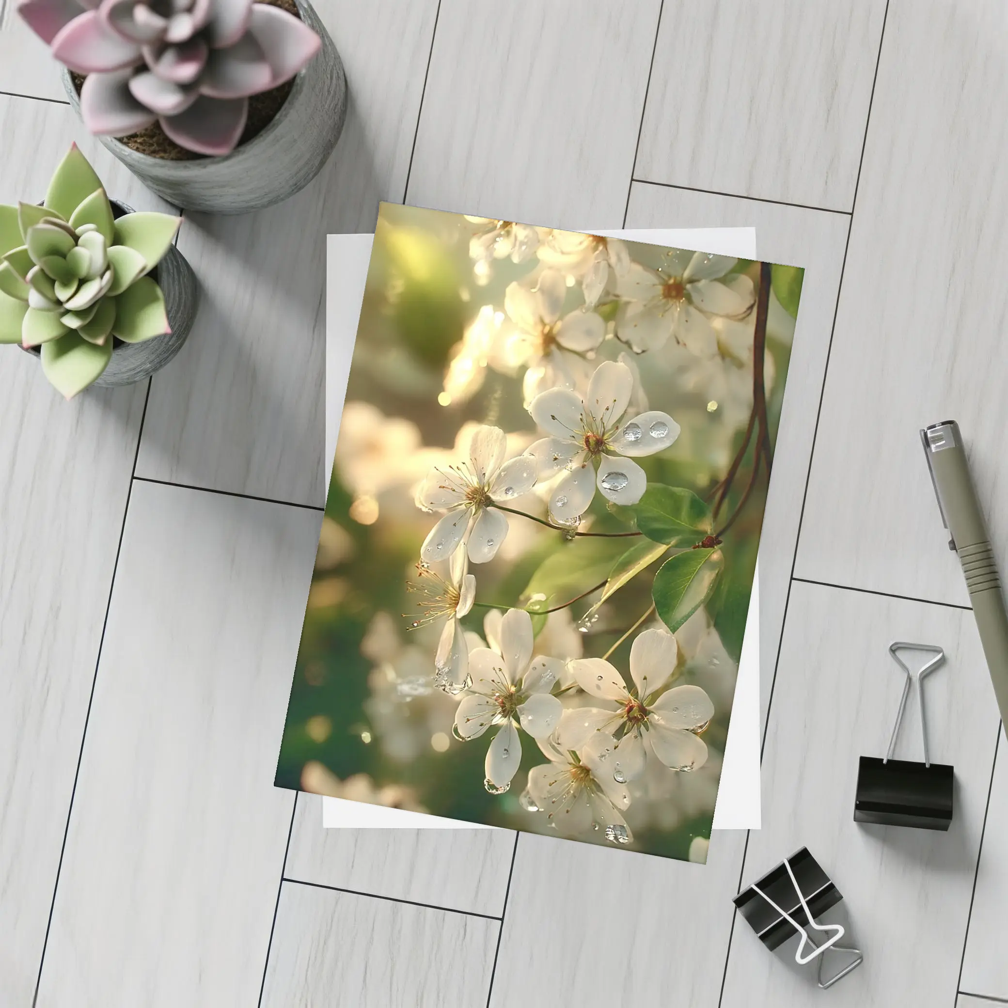 White Cherry Blossoms With Morning Dew Drops – Postcards