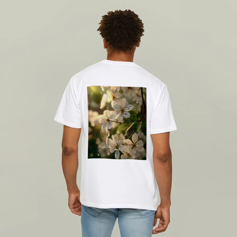 White Cherry Blossoms With Morning Dew Drops – T-Shirts