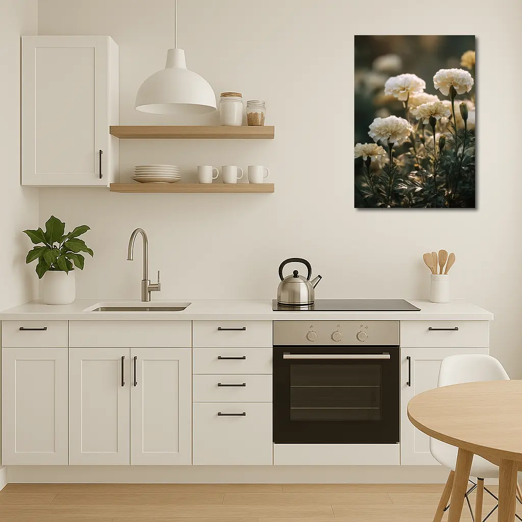 White Carnations Blooming in Soft Garden Light – Wall Art