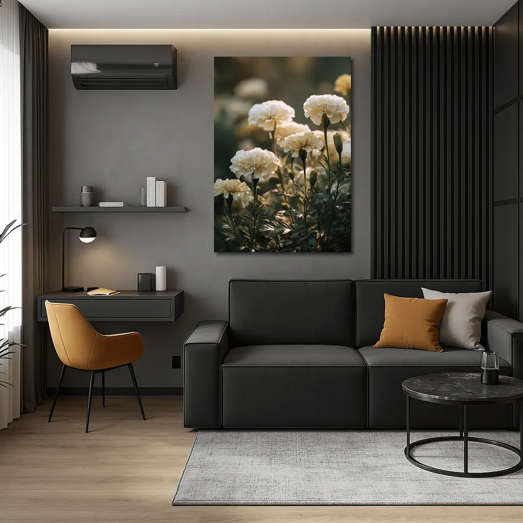 White Carnations Blooming in Soft Garden Light – Wall Art
