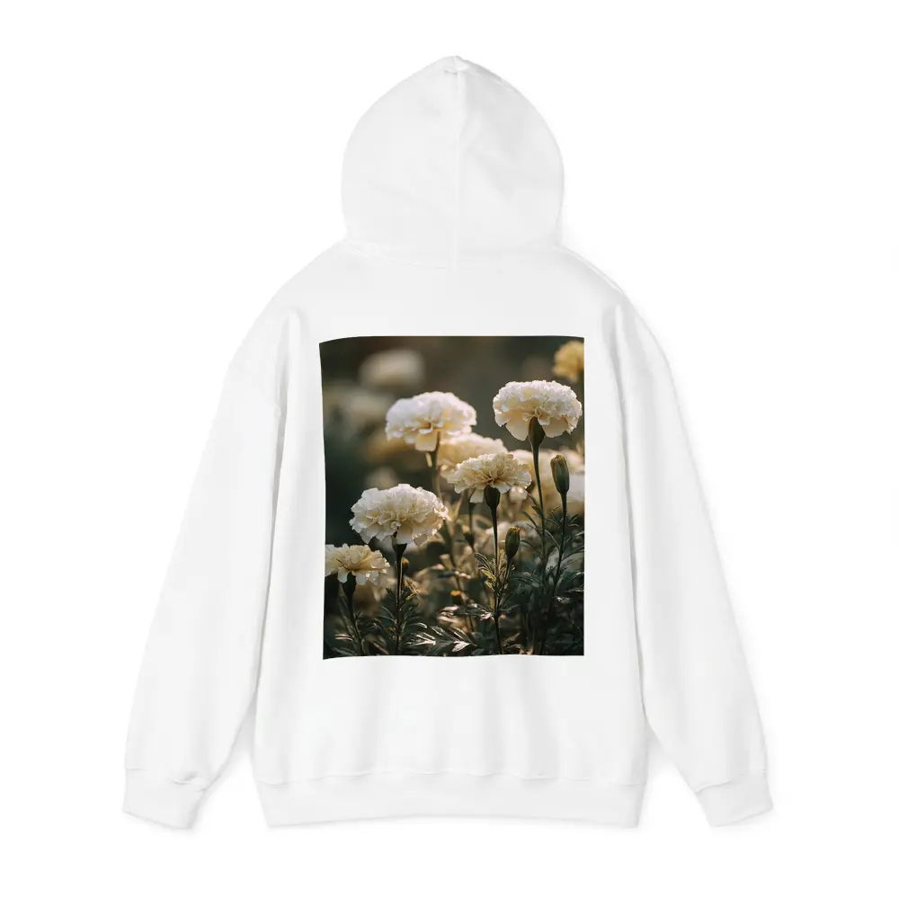 White Carnations Blooming in Soft Garden Light – Hoodies