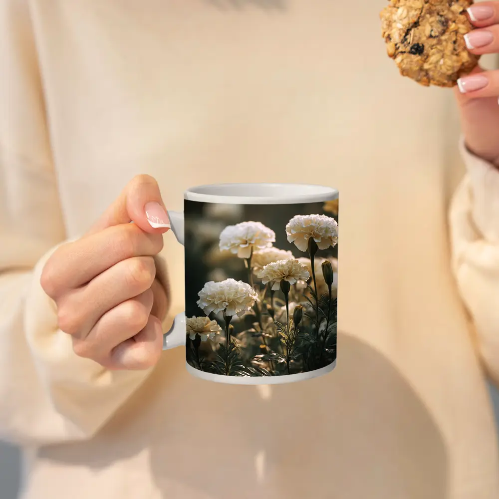 White Carnations Blooming in Soft Garden Light – Mugs