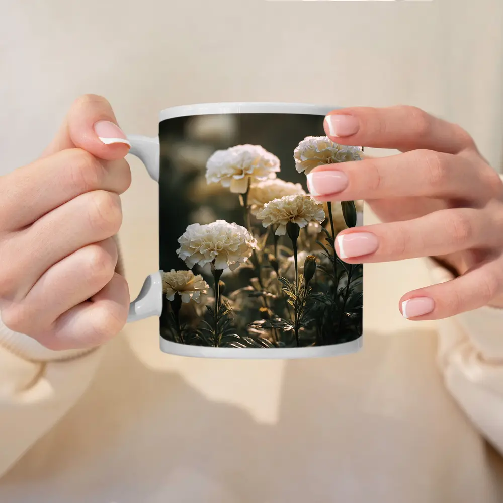 White Carnations Blooming in Soft Garden Light – Mugs