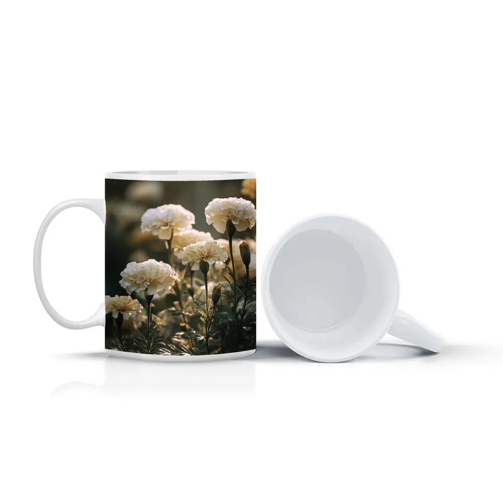White Carnations Blooming in Soft Garden Light – Mugs