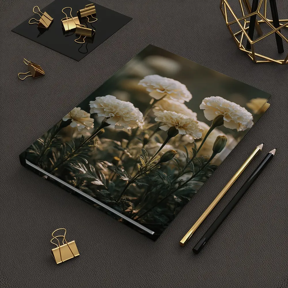 White Carnations Blooming in Soft Garden Light – Notebooks