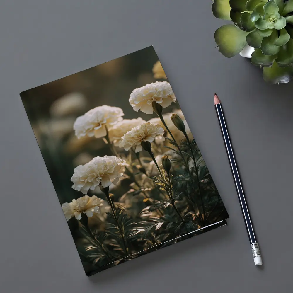 White Carnations Blooming in Soft Garden Light – Notebooks