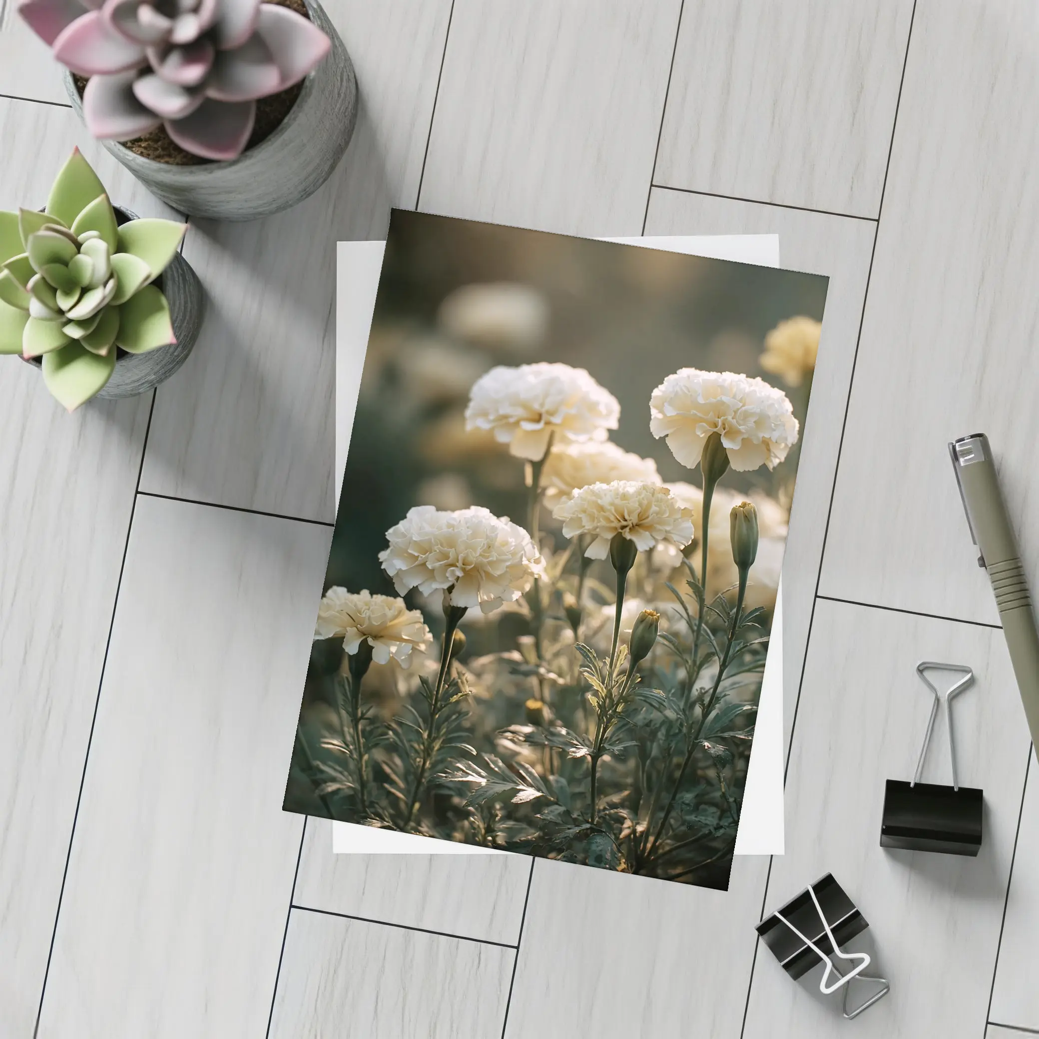 White Carnations Blooming in Soft Garden Light – Postcards