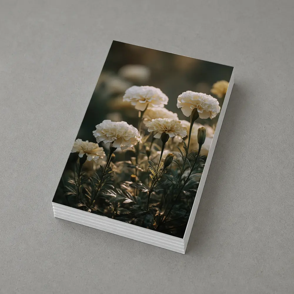 White Carnations Blooming in Soft Garden Light – Postcards