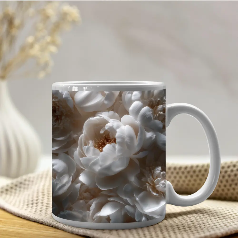White Peony Flowers Soft Floral Close Up – Mugs
