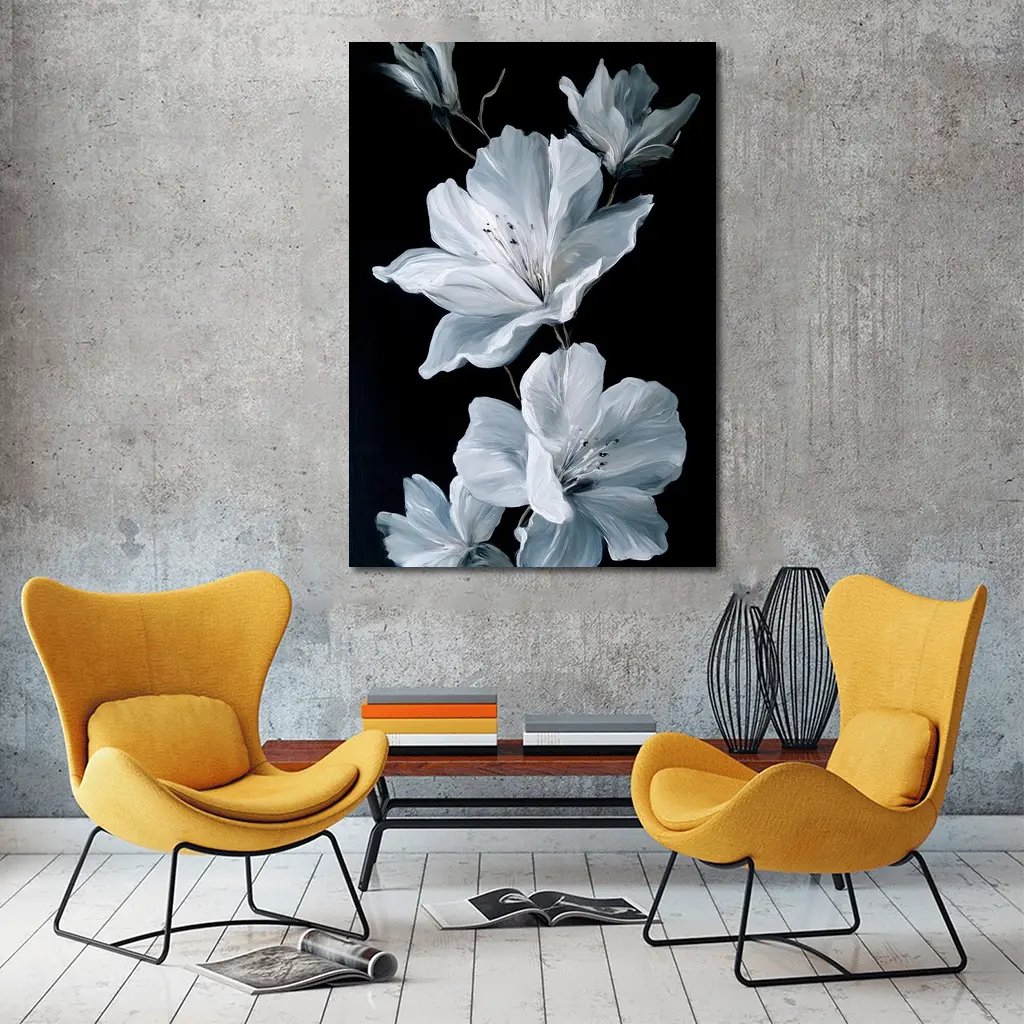 White Azalea Flowers On Black Background – Wall Art