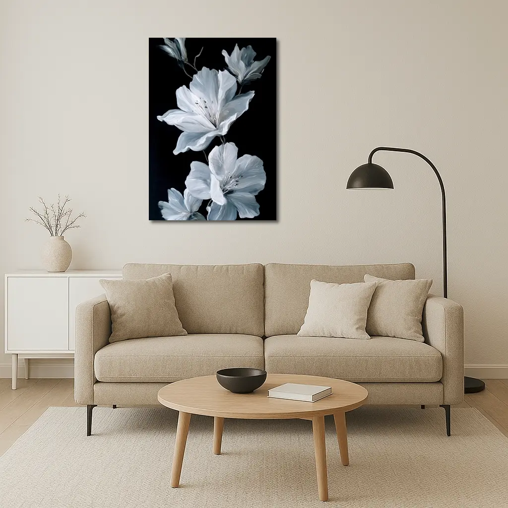 White Azalea Flowers On Black Background – Wall Art