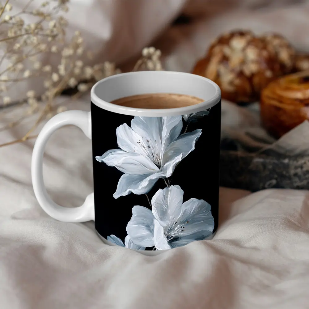 White Azalea Flowers On Black Background – Mugs
