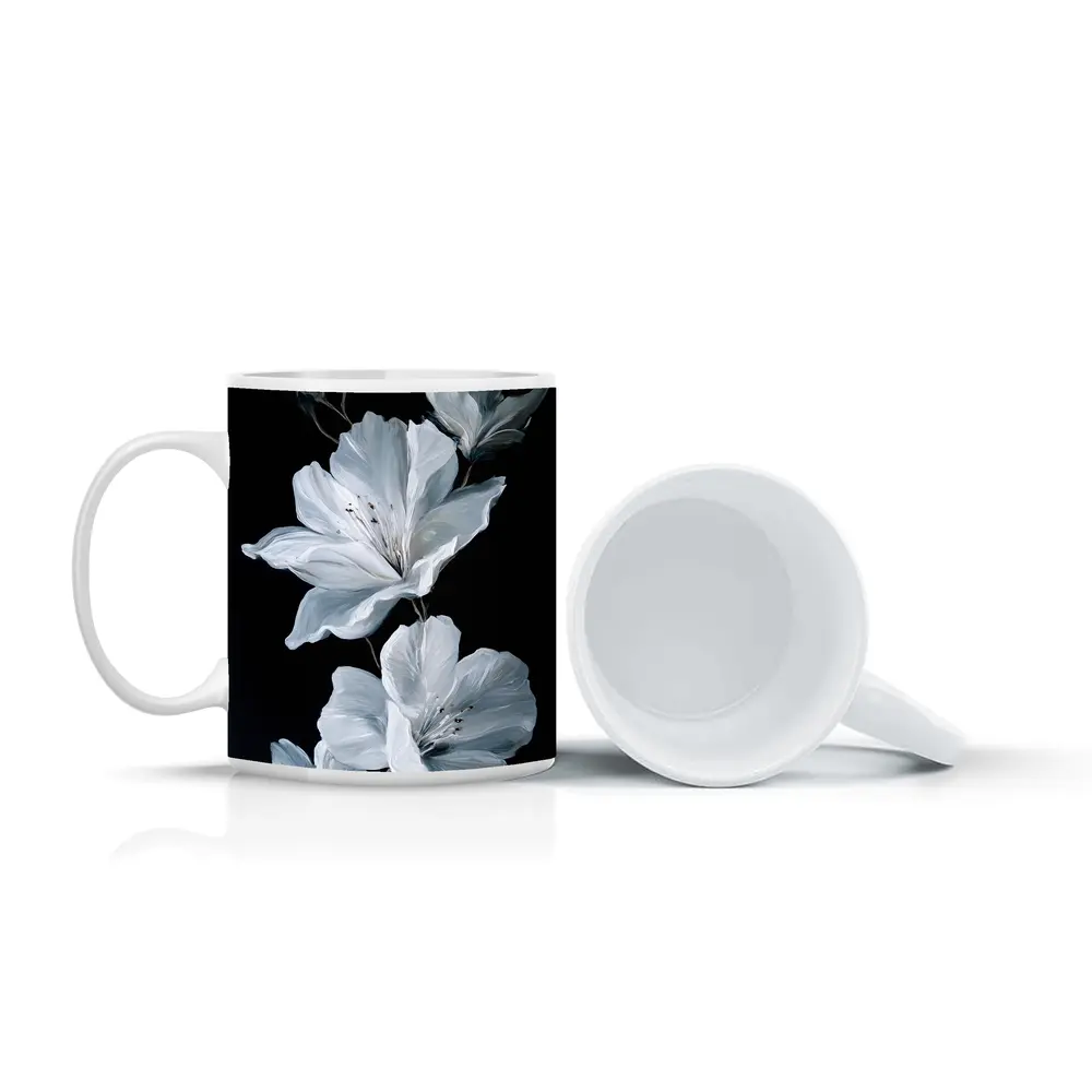 White Azalea Flowers On Black Background – Mugs