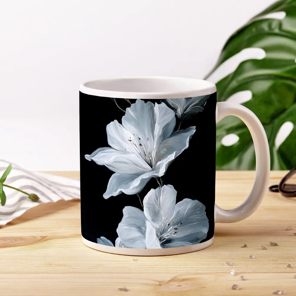 White Azalea Flowers On Black Background – Mugs