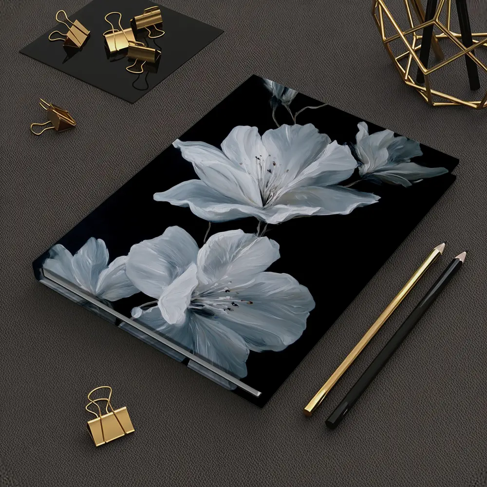 White Azalea Flowers On Black Background – Notebooks