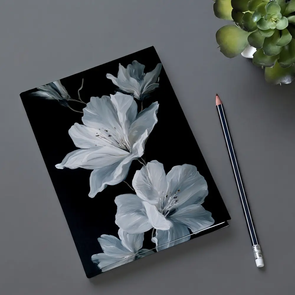 White Azalea Flowers On Black Background – Notebooks