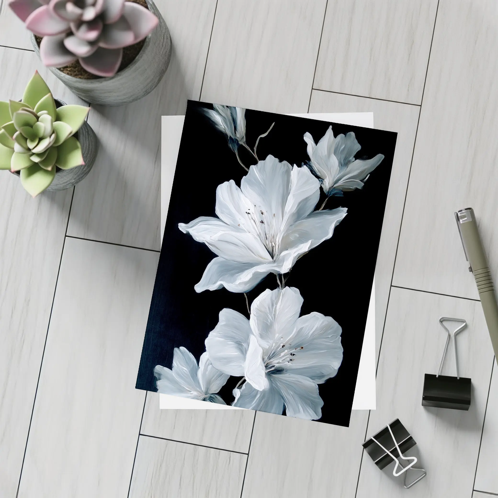 White Azalea Flowers On Black Background – Postcards