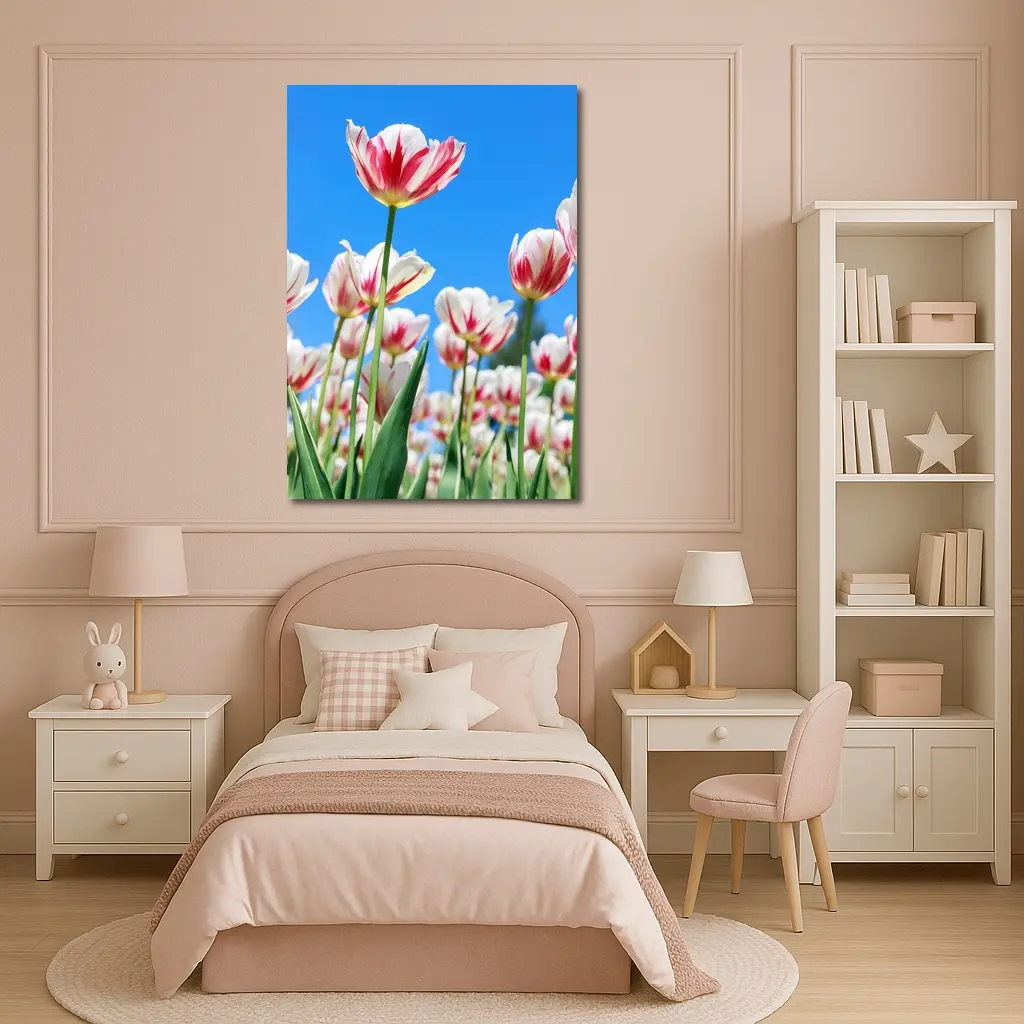 Red White Tulips Against Blue Sky – Wall Art