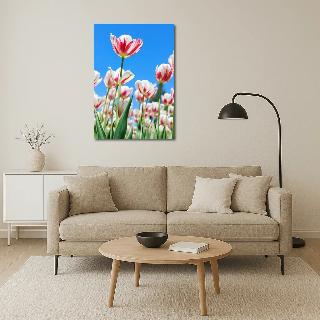 Red White Tulips Against Blue Sky – Wall Art