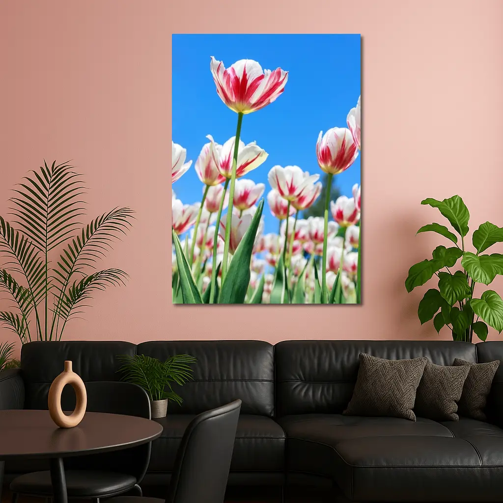 Red White Tulips Against Blue Sky – Wall Art