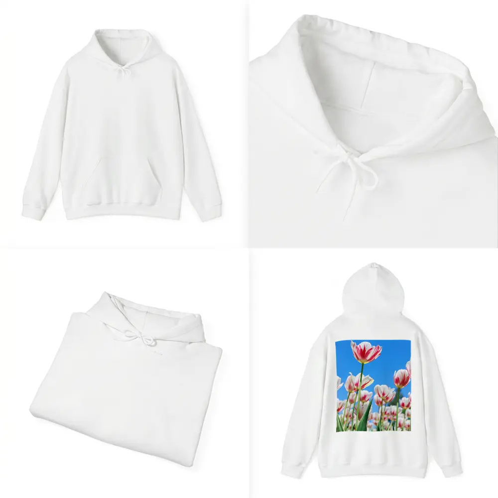 Red White Tulips Against Blue Sky – Hoodies