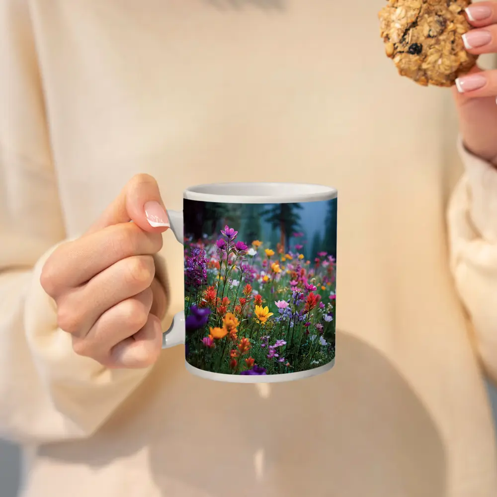 Colorful Wildflowers Meadow Forest Mountain Background – Mugs