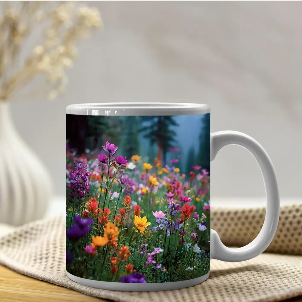 Colorful Wildflowers Meadow Forest Mountain Background – Mugs
