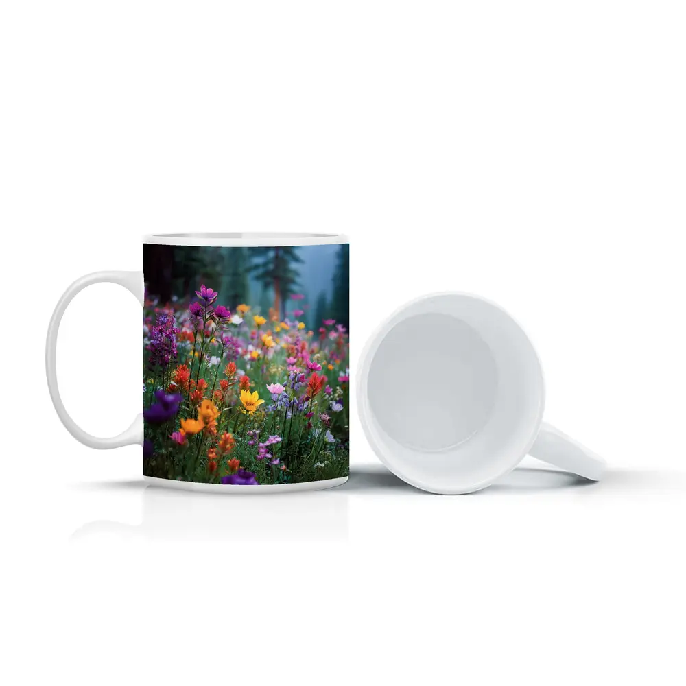 Colorful Wildflowers Meadow Forest Mountain Background – Mugs
