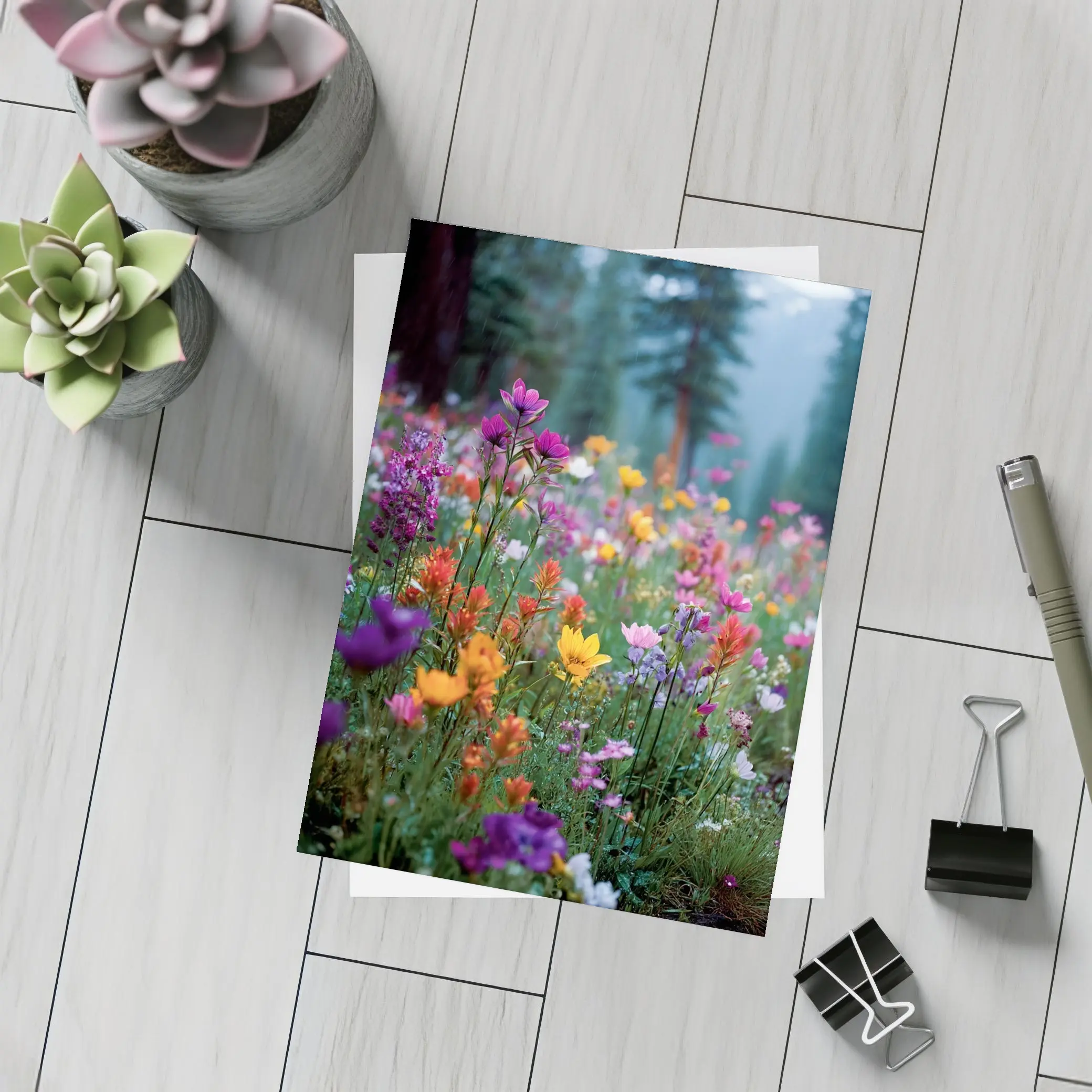 Colorful Wildflowers Meadow Forest Mountain Background – Postcards