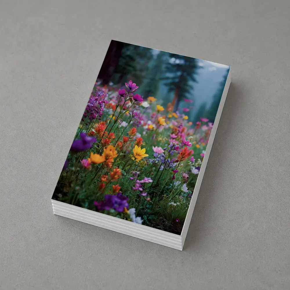 Colorful Wildflowers Meadow Forest Mountain Background – Postcards