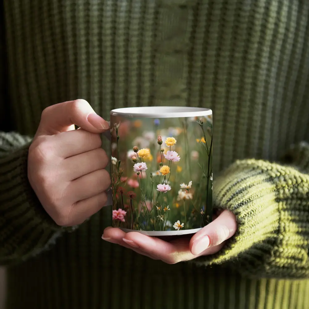 Soft Wildflowers Blooming in Misty Meadow – Mugs