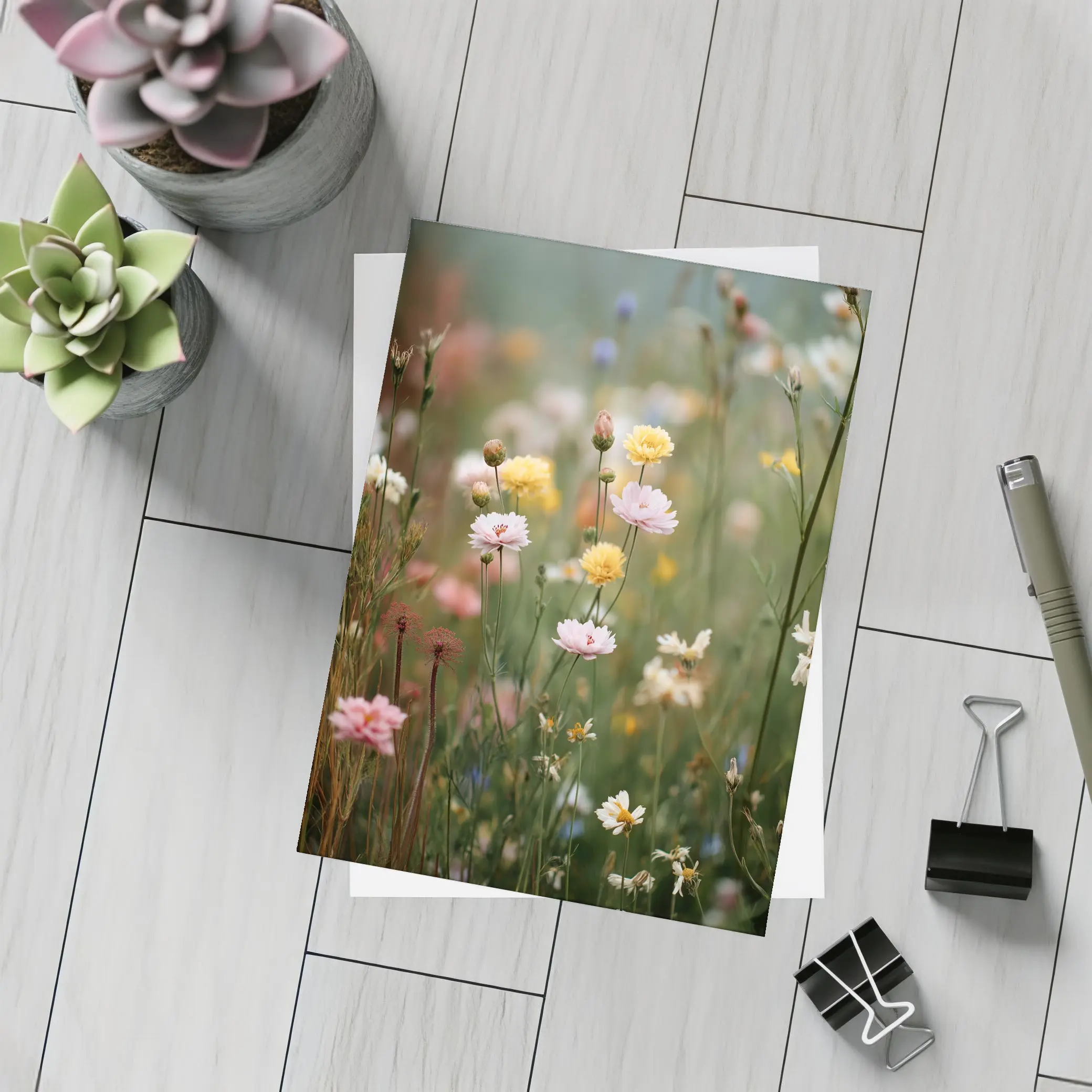 Soft Wildflowers Blooming in Misty Meadow – Postcards