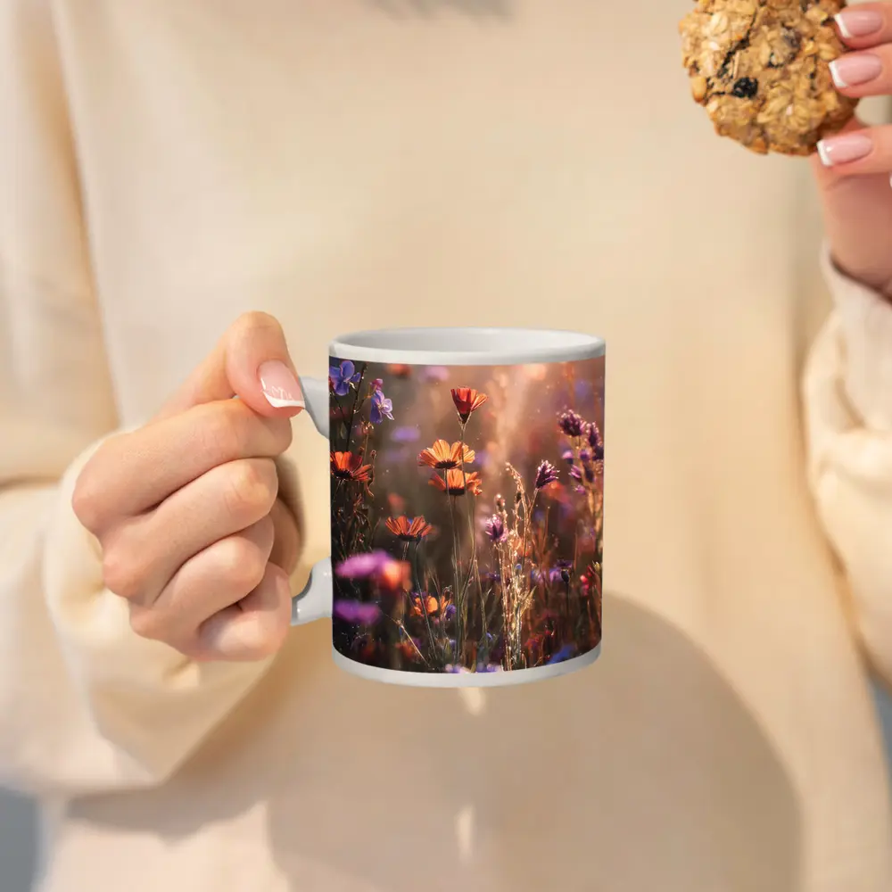 Wild Meadow Flowers Glowing Sunlit Field – Mugs