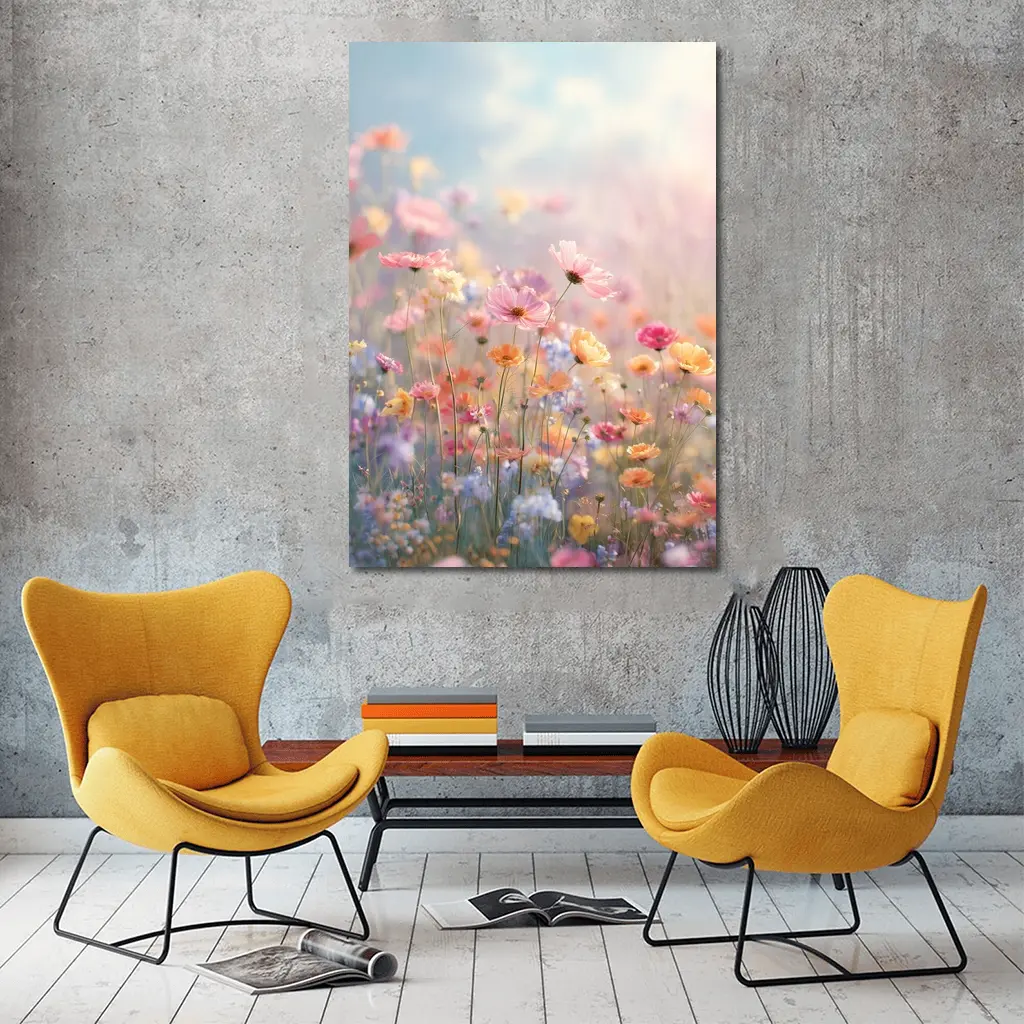 Pastel Wildflowers Field Soft Sky Background – Wall Art