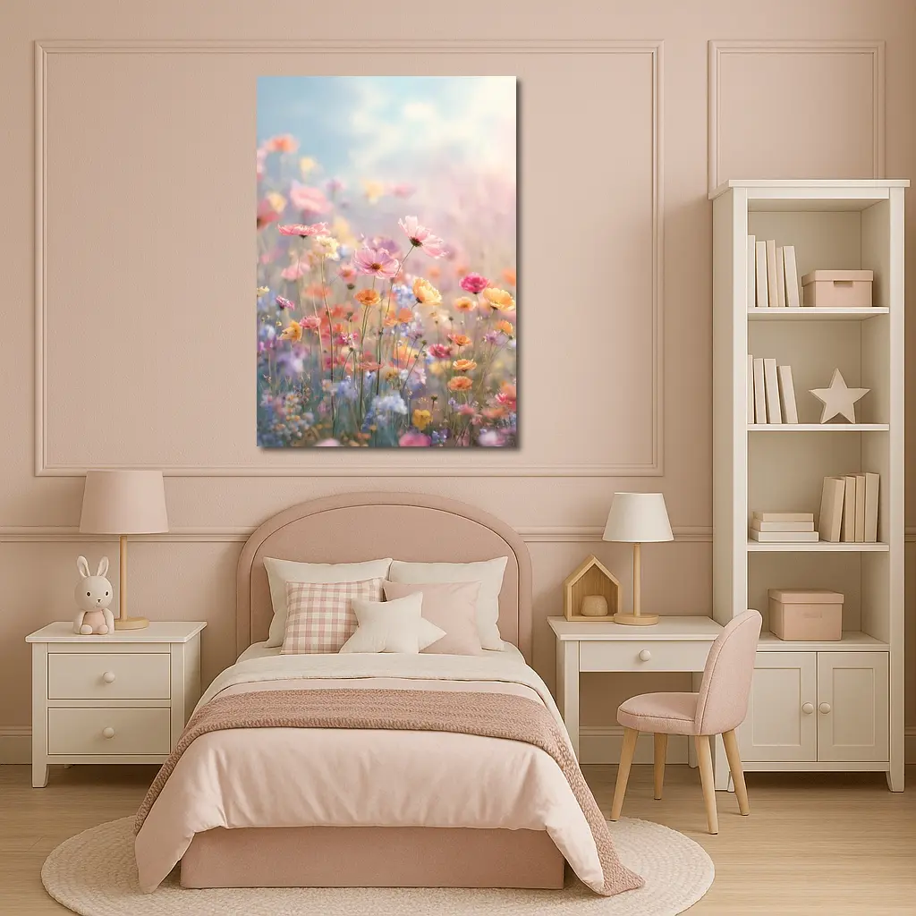 Pastel Wildflowers Field Soft Sky Background – Wall Art