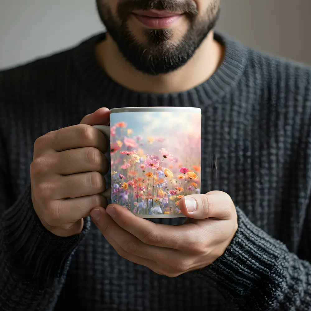 Pastel Wildflowers Field Soft Sky Background – Mugs