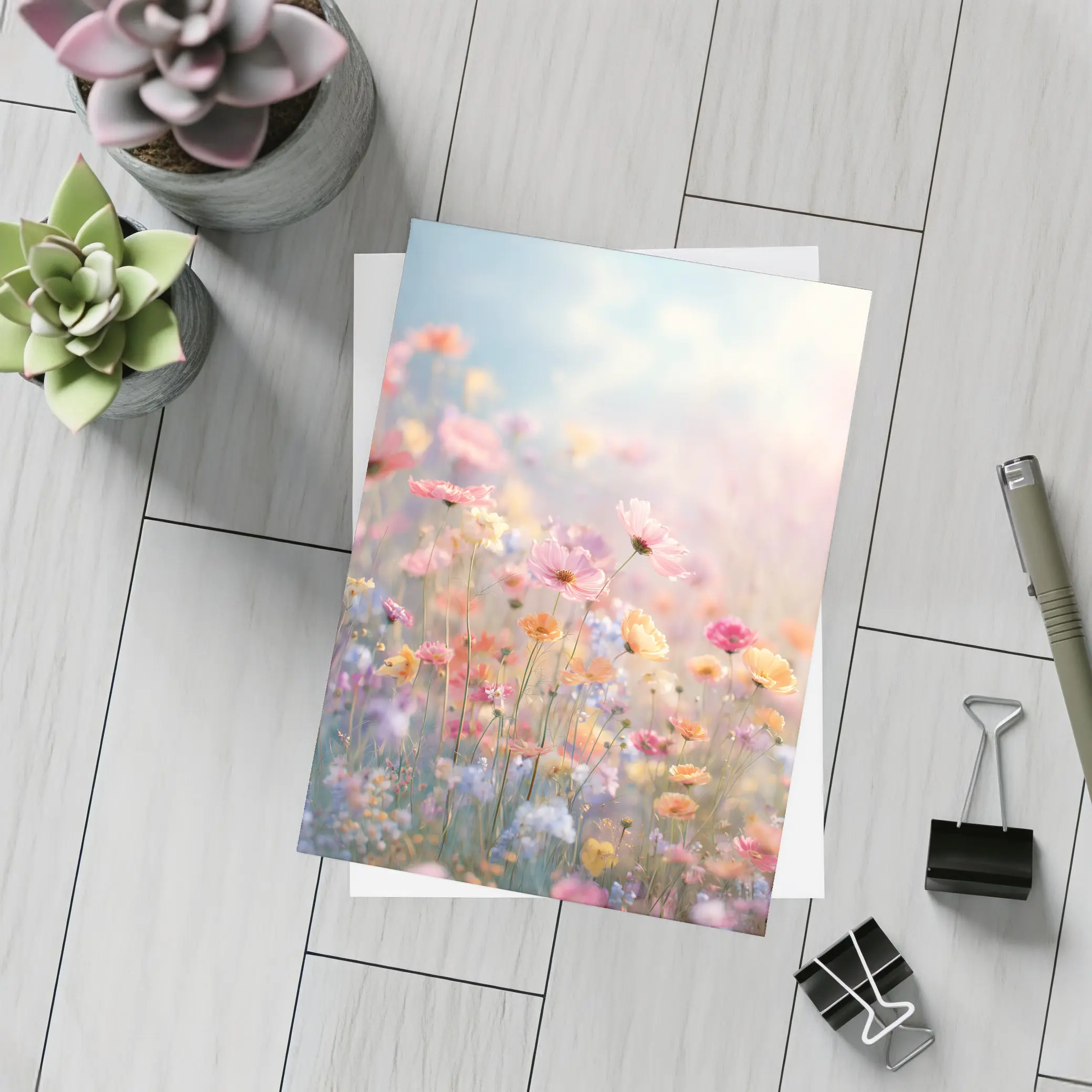 Pastel Wildflowers Field Soft Sky Background – Postcards