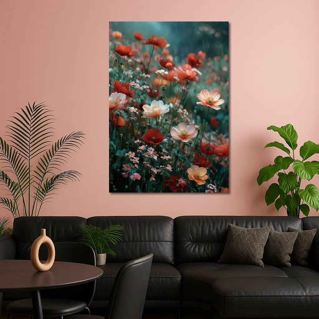 Red Poppy Field Misty Rainy Day – Wall Art