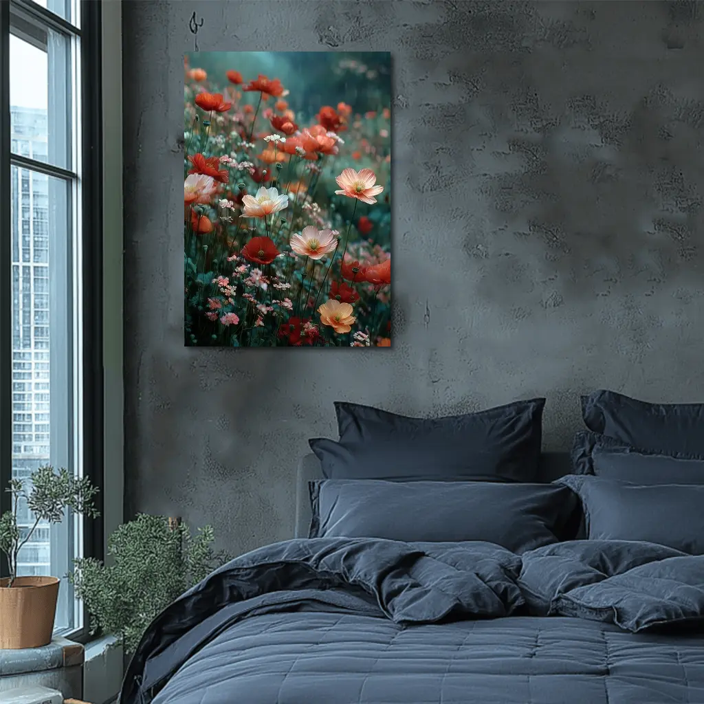 Red Poppy Field Misty Rainy Day – Wall Art