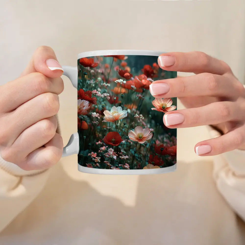 Red Poppy Field Misty Rainy Day – Mugs
