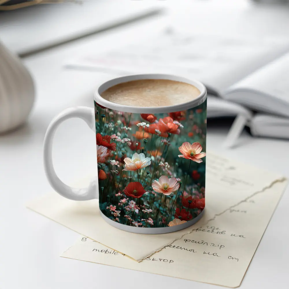 Red Poppy Field Misty Rainy Day – Mugs