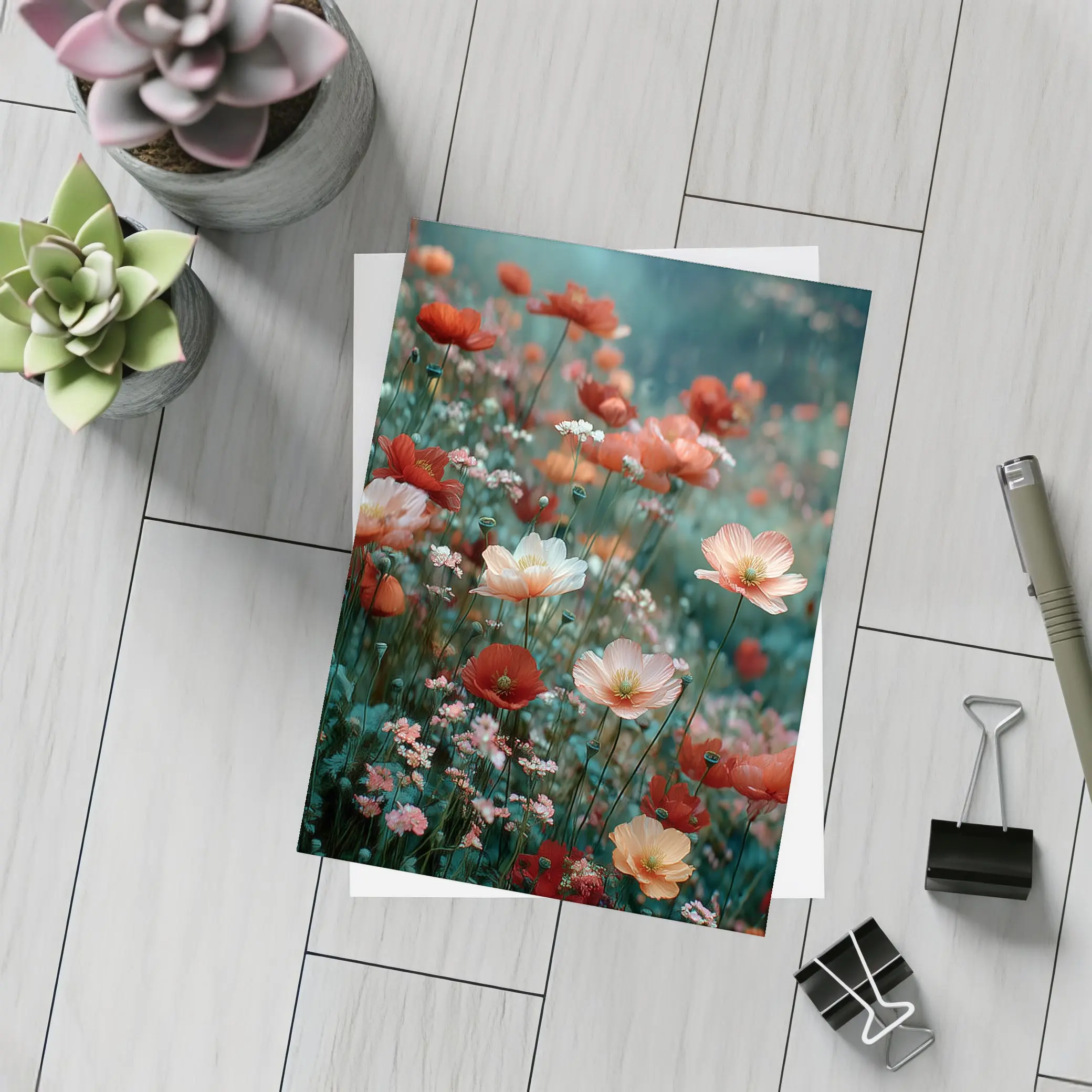 Red Poppy Field Misty Rainy Day – Postcards