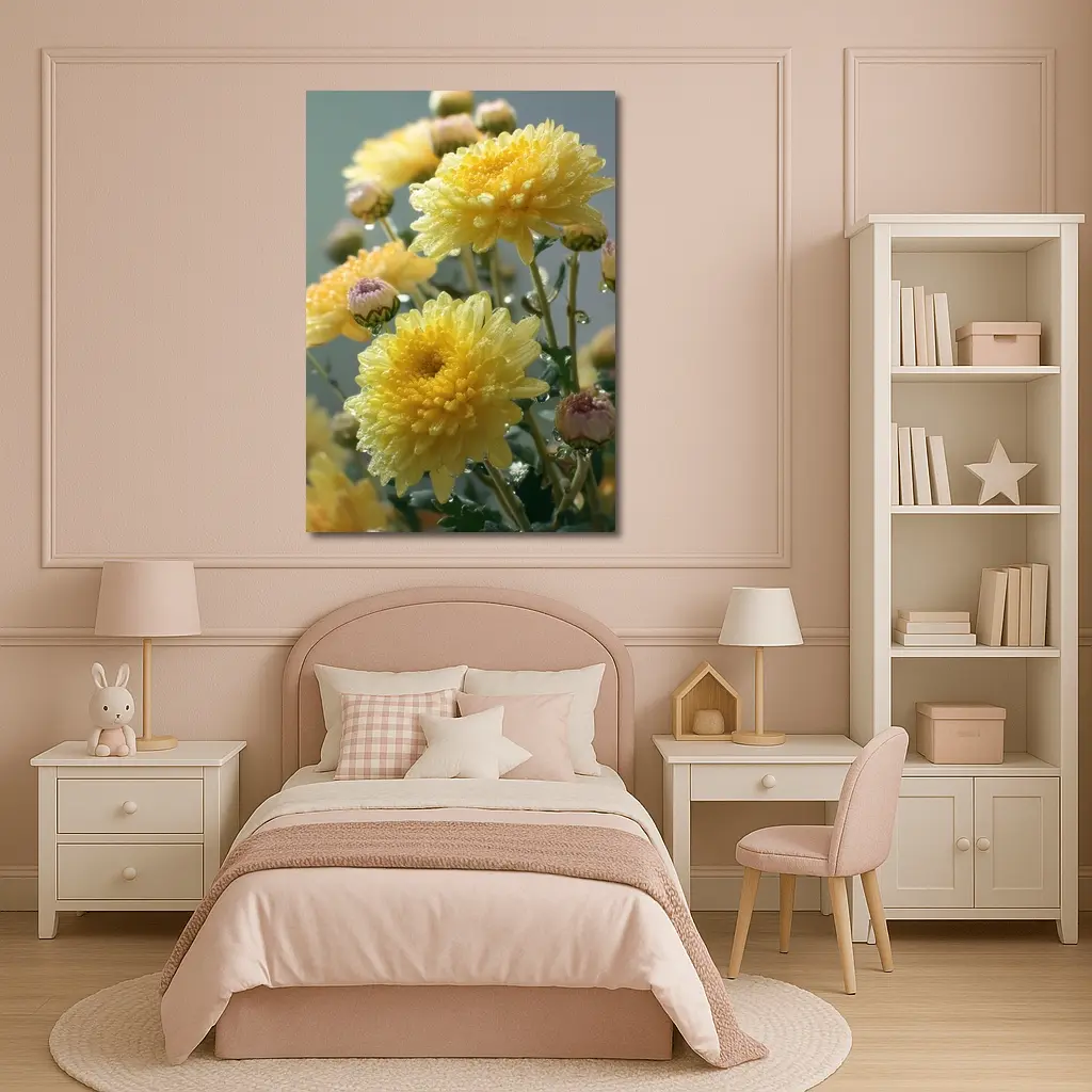 Yellow Chrysanthemums With Water Drops Gray Background – Wall Art