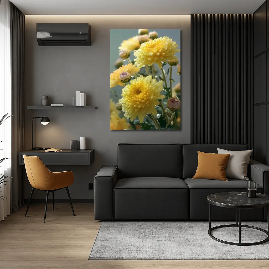 Yellow Chrysanthemums With Water Drops Gray Background – Wall Art