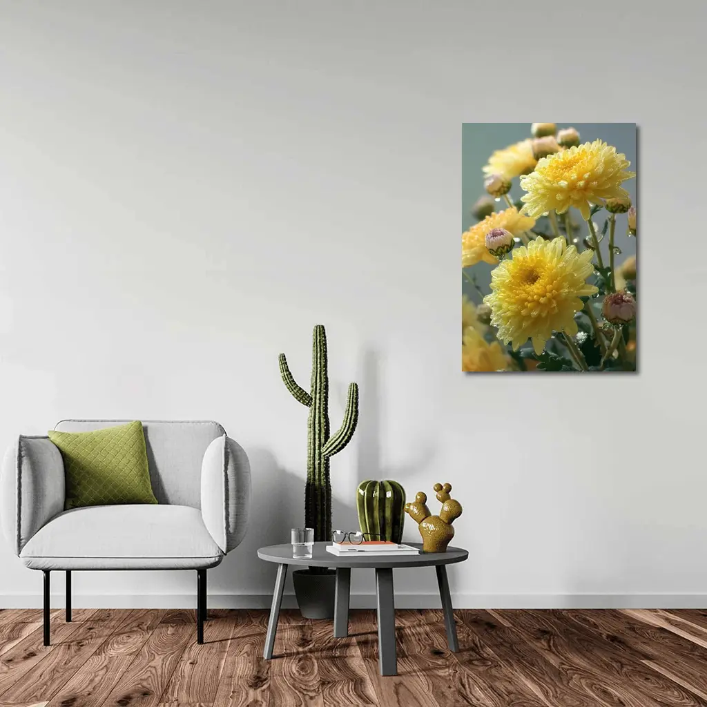 Yellow Chrysanthemums With Water Drops Gray Background – Wall Art