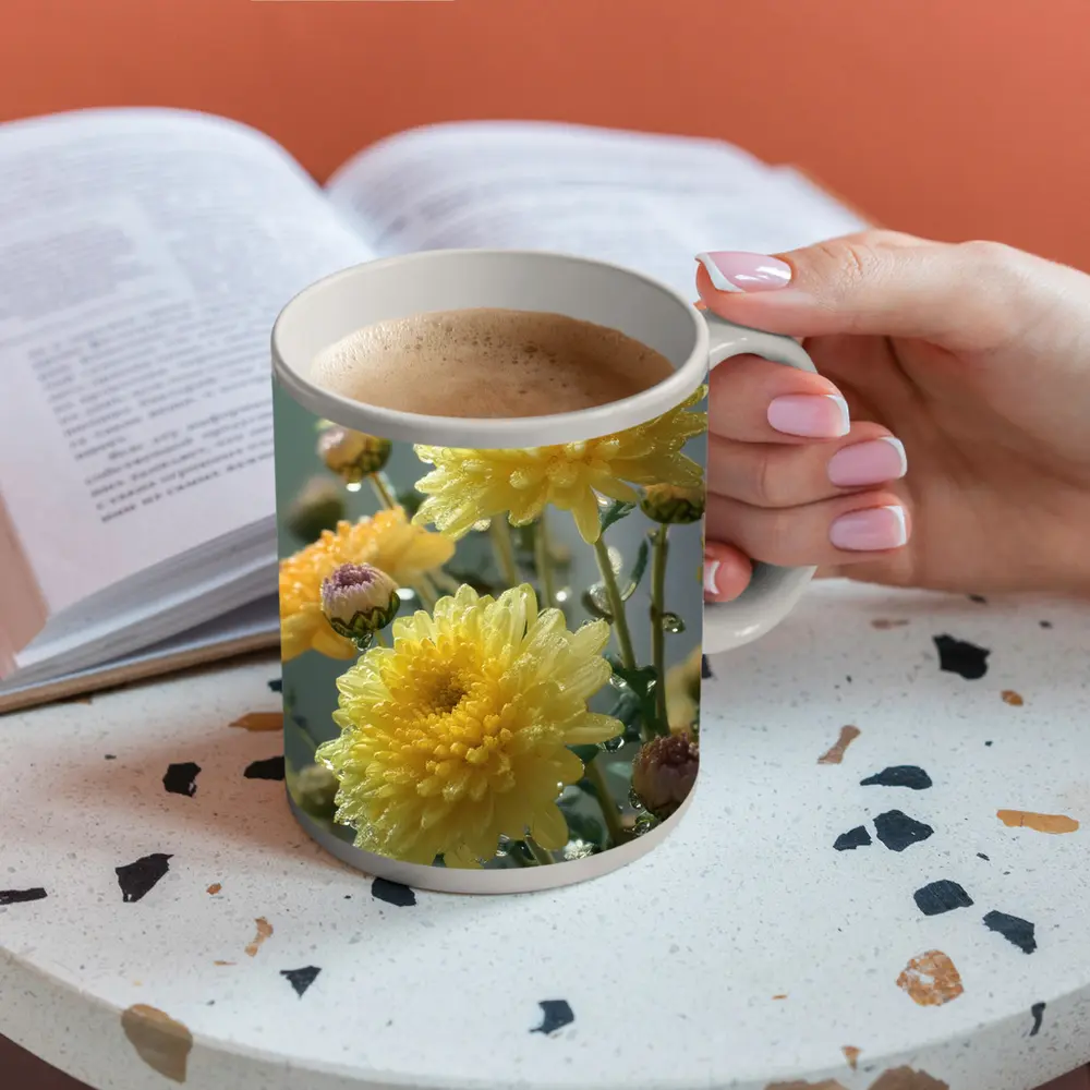 Yellow Chrysanthemums With Water Drops Gray Background – Mugs