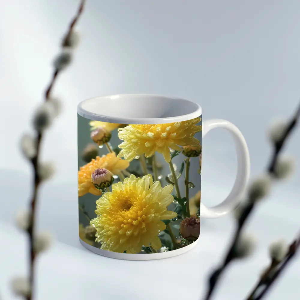 Yellow Chrysanthemums With Water Drops Gray Background – Mugs