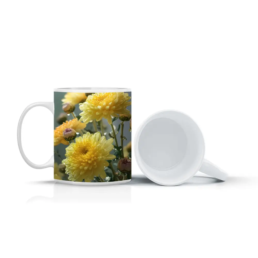 Yellow Chrysanthemums With Water Drops Gray Background – Mugs