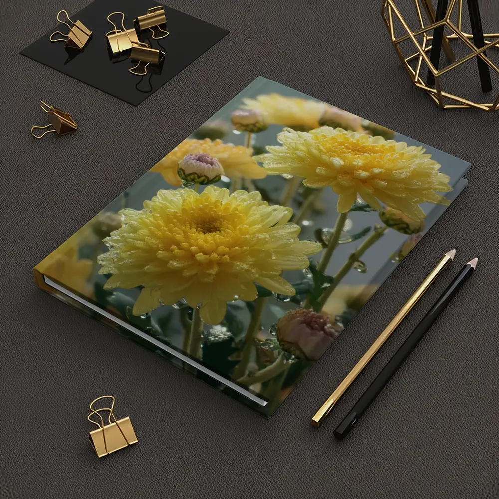 Yellow Chrysanthemums With Water Drops Gray Background – Notebooks